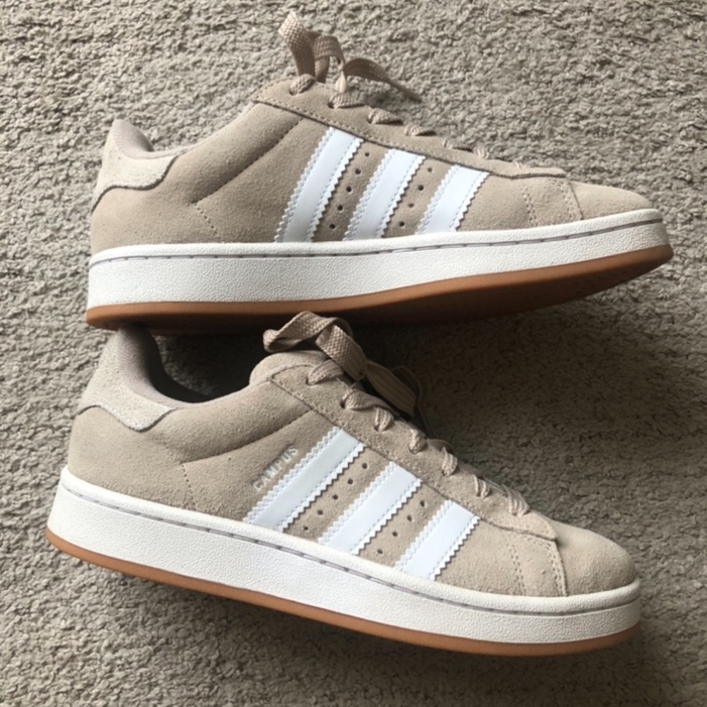 Addidas Original Beige Suede Low-Top Sneakers with White Stripes